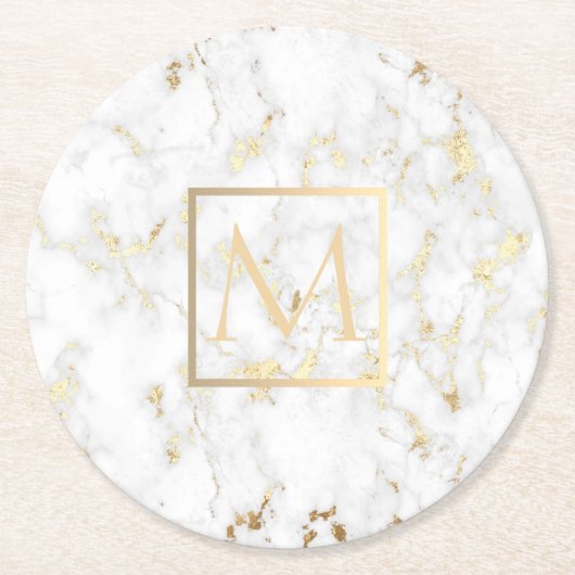 Imitate Goldmonogramm auf weißem Marmorstein Runder Pappuntersetzer (Vorderseite)
