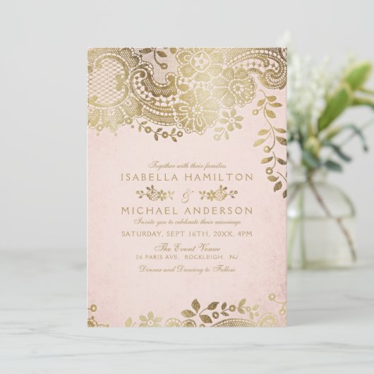 Imitate Goldrot Vintage Hochzeit Einladung (Stehend Vorderseite)