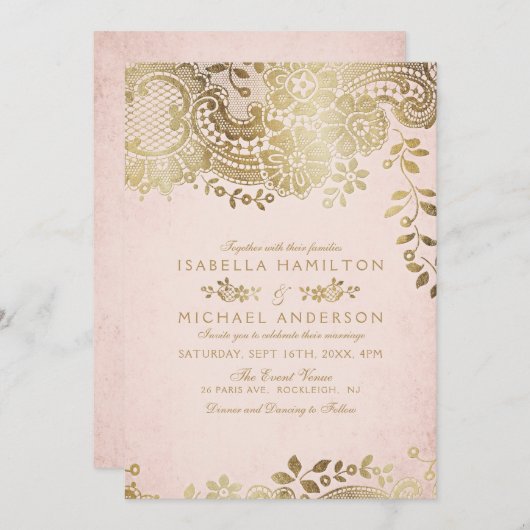 Imitate Goldrot Vintage Hochzeit Einladung (Vorne/Hinten)