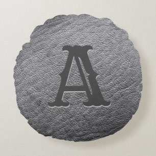 Imitate Grau-Leder-Monogramm Rundes Kissen