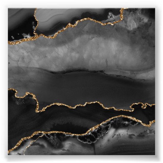 Imitate Gray Marbled Agate Golden Glitzer Schwarze Fotodruck (Vorne)