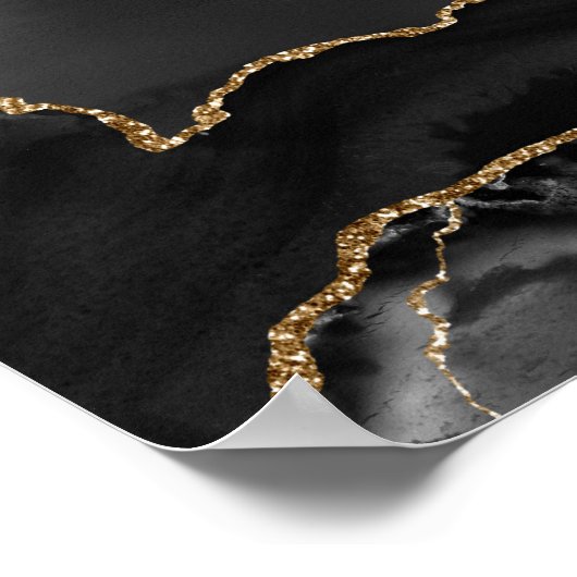 Imitate Gray Marbled Agate Golden Glitzer Schwarze Poster (Ecke)
