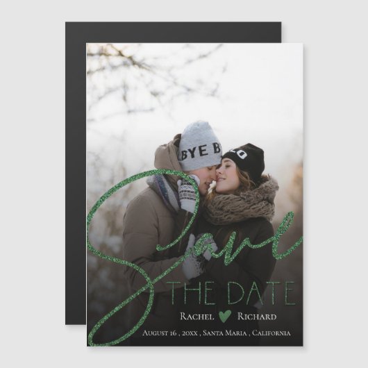 Imitate Green Glitzer Hochzeit Foto Save the Date Magneteinladung (Vorne/Hinten)