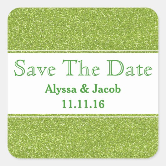 Imitate Grüner Glitzer Hochzeit Speichern Sie das Quadratischer Aufkleber (Vorderseite)