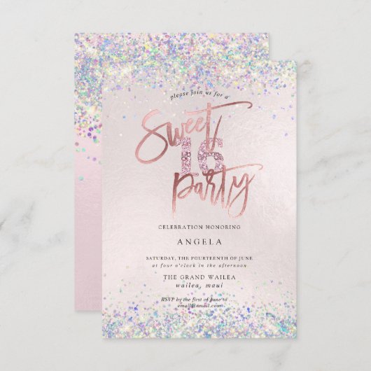 Imitate Hologram Sweet 16 Studded Diamond Blush Einladung (Vorne/Hinten)
