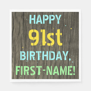 Imitate Holz, Farbtext Look, 91. Geburtstag + Name Serviette