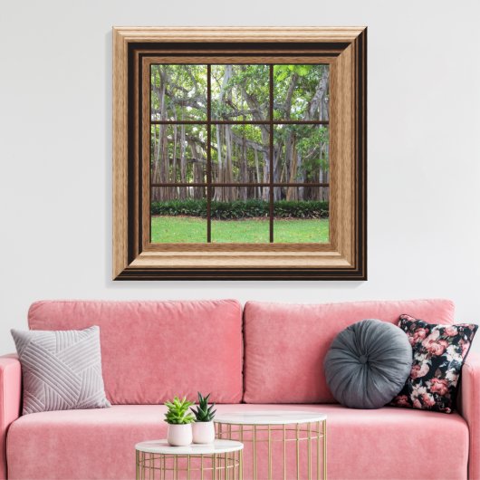 Imitate Holz Gerahmte Fensteransicht Bäume Leinwan Leinwanddruck (Insitu (Wohnzimmer))