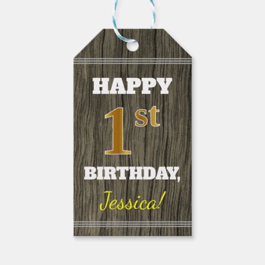 Imitate Holz, Imitate Gold 1. Geburtstag + Individ Geschenkanhänger (Vorderseite)