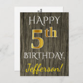 Imitate Holz, Imitate Gold 5. Geburtstag + Individ Postkarte (Vorne/Hinten)