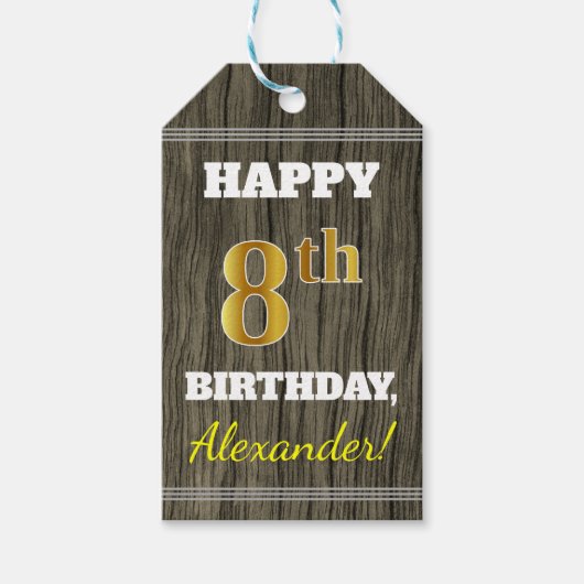 Imitate Holz, Imitate Gold 8. Geburtstag + Individ Geschenkanhänger (Vorderseite)