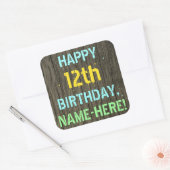 Imitate Holz, Textanstrich, 12. Geburtstag + Name Quadratischer Aufkleber (Umschlag)