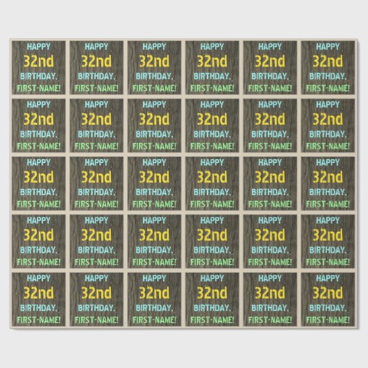 Imitate Holz, Textanstrich, 32. Geburtstag + Name Geschenkpapier (Flach)