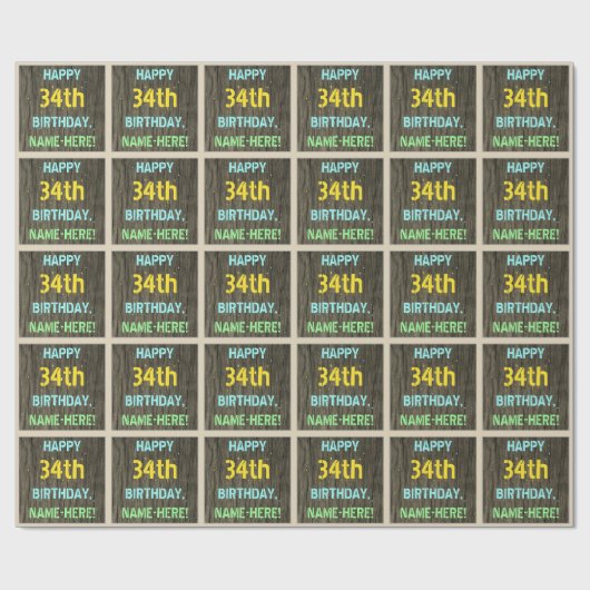 Imitate Holz, Textanstrich, 34. Geburtstag + Name Geschenkpapier (Flach)