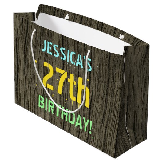 Imitate Holz, Textanzeige gestrichen, 27. Geburtst Große Geschenktüte (Rückseite Schrägansicht)