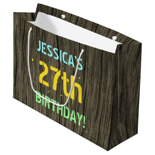 Imitate Holz, Textanzeige gestrichen, 27. Geburtst Große Geschenktüte (Vorderseite Schrägansicht)