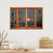 Imitate Holzbow-Fenstertäuschung - Vogelschloss Poster (Küche)