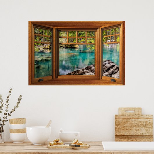 Imitate Holzfenster Illusion - Beruhigter See Poster (Küche)