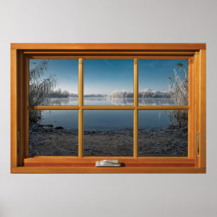 Imitate Holzfenster-Illusion - Frostiger Winterbli Poster