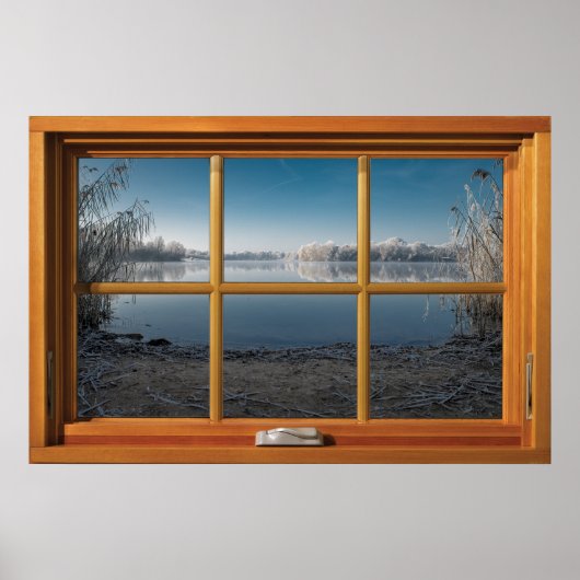 Imitate Holzfenster-Illusion - Frostiger Winterbli Poster (Vorne)