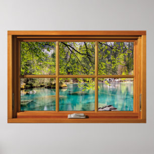 Imitate Holzfenster Illusion - Lagoon Seenlandscha Poster
