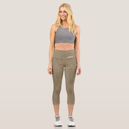 Imitate im Street-Stil Leinenmuster hellbraun läss Capri Leggings (Vorderseite)
