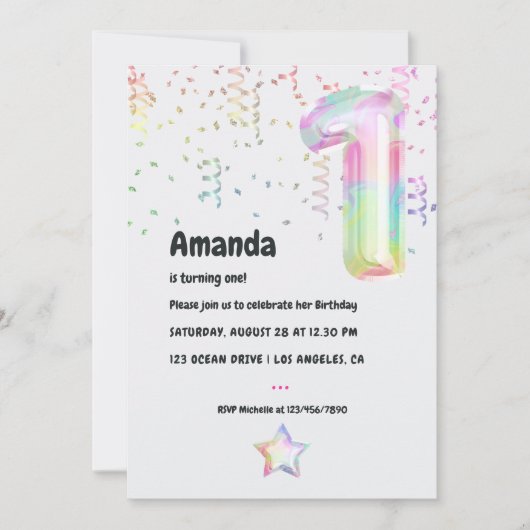 Imitate Iridescent Ballon 1. Geburtstag Einladung (Vorderseite)
