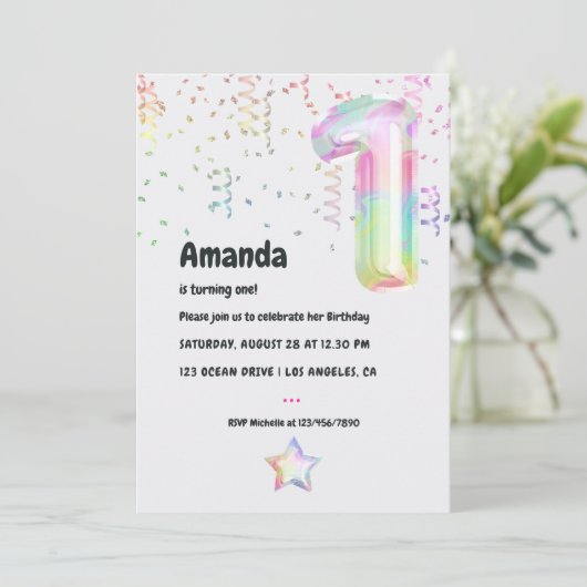 Imitate Iridescent Ballon 1. Geburtstag Einladung (Stehend Vorderseite)