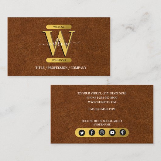 Imitate Leather & Gold Monogram Social Media Visitenkarte (Vorne/Hinten)