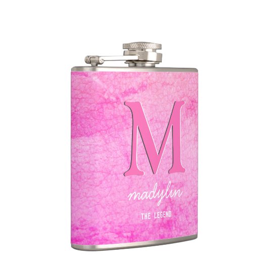 Imitate Leder Rosa Monogramm Name Flachmann (Rechts)