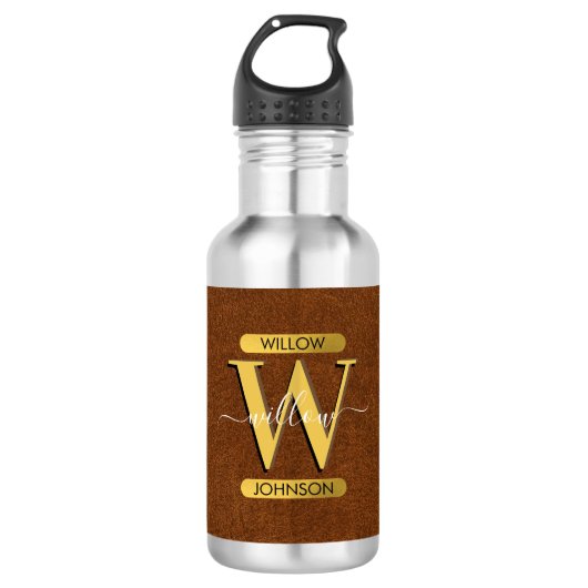 Imitate Leder und Gold Monogramm Edelstahlflasche (Vorderseite)