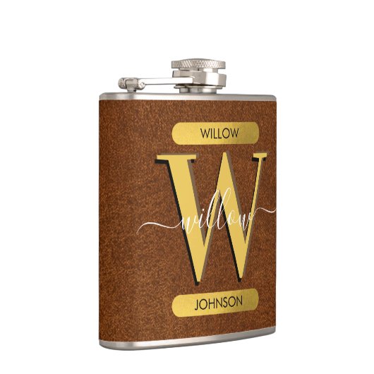 Imitate Leder und Gold Monogramm Flachmann (Rechts)