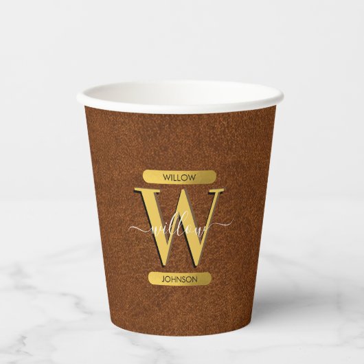 Imitate Leder und Gold Monogramm Pappbecher (Vorderseite)