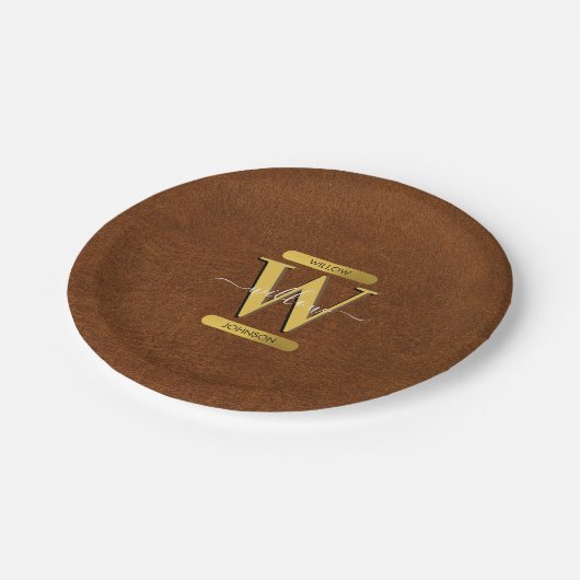 Imitate Leder und Gold Monogramm Pappteller (Schrägansicht)