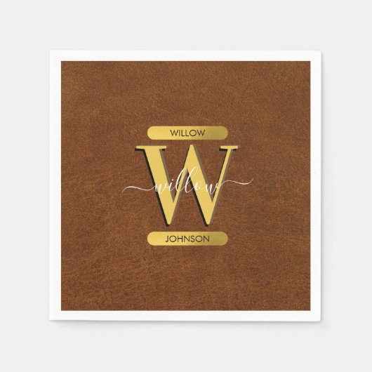 Imitate Leder und Gold Monogramm Serviette (Vorderseite)