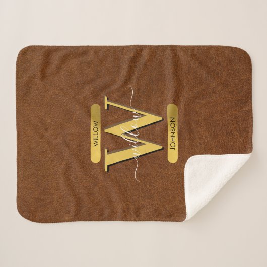 Imitate Leder und Gold Monogramm Sherpadecke (Vorderseite (Horizontal))