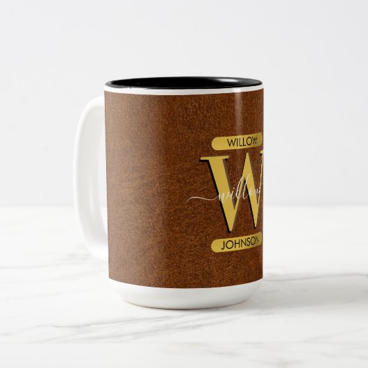 Imitate Leder und Gold Monogramm Zweifarbige Tasse (Vorderseite Links)