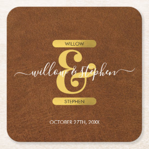 Imitate Leder- und Monogramm-Hochzeit Rechteckiger Pappuntersetzer