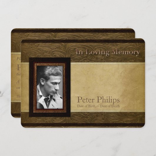 Imitate Lederparkett Foto Gedenkservice Einladung (Vorne/Hinten)