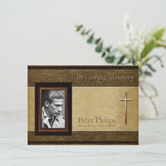 Imitate LederPergament C Foto Gedenkservice Einladung (Stehend Vorderseite)