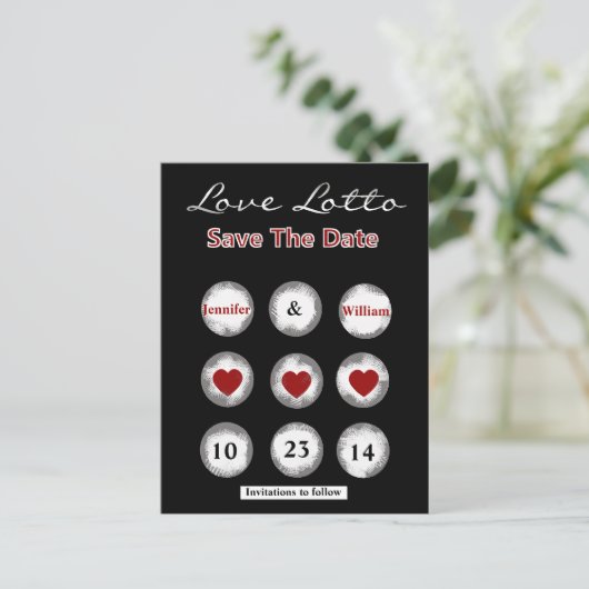 Imitate Liebe Lotto Save the Date Postkarte (Stehend Vorderseite)