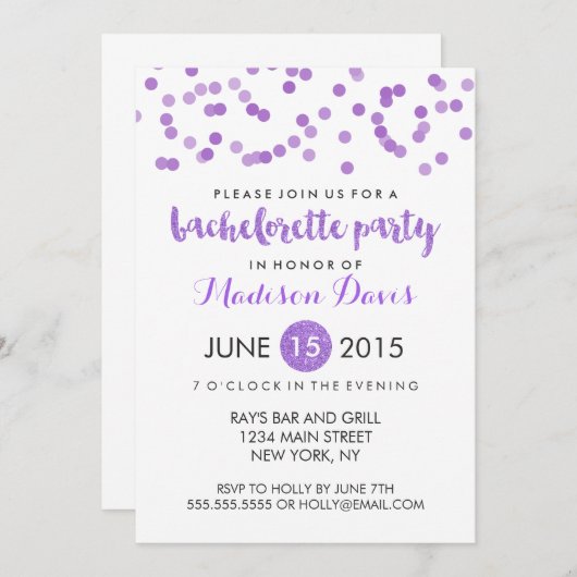 Imitate Lila Glitzer Junggeselinnen-Abschied Einladung (Vorne/Hinten)
