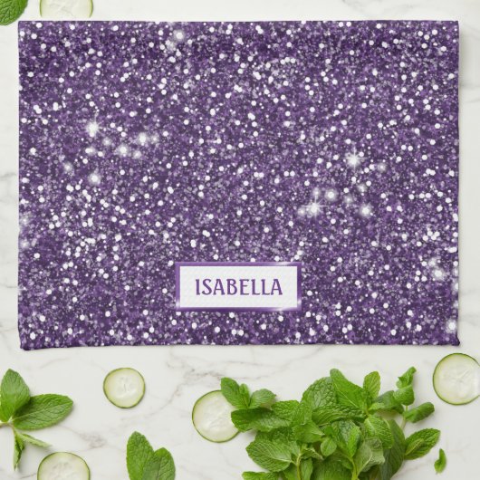 Imitate Lila Glitzer Textur mit Individuelle Name  Geschirrtuch (Gefaltet)