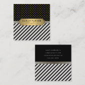 Imitate Linen Black Stripes Polka Dots Quadratische Visitenkarte (Vorne/Hinten)