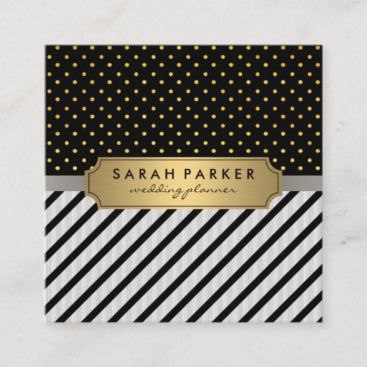 Imitate Linen Black Stripes Polka Dots Quadratische Visitenkarte (Vorderseite)