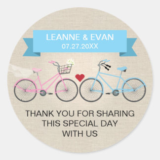 Imitate Linen Blue Bicycle Wedding Runder Aufkleber