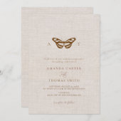 Imitate Linen Butterfly Monogram Chic Wedding Einladung (Vorne/Hinten)