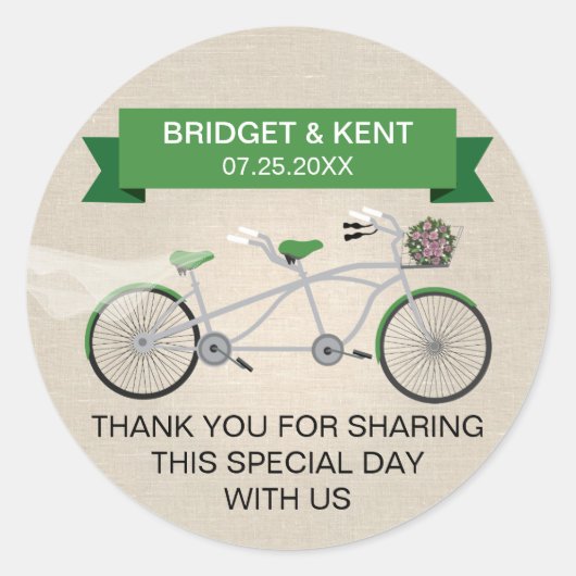 Imitate Linen Green Tandem Bicycle Wedding Runder Aufkleber (Vorderseite)