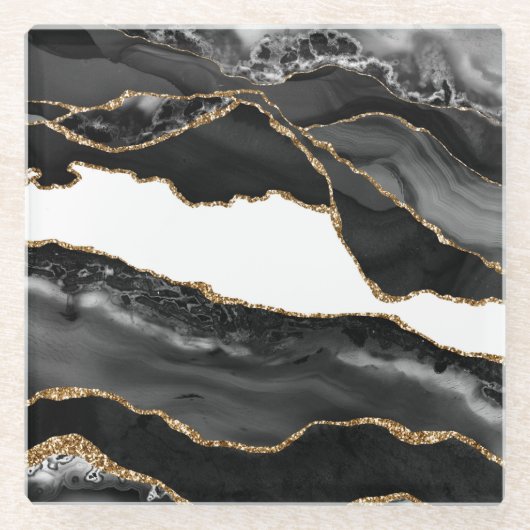 Imitate Marbled Agate Black Stylish Stone Luxury Glasuntersetzer (Vorderseite)