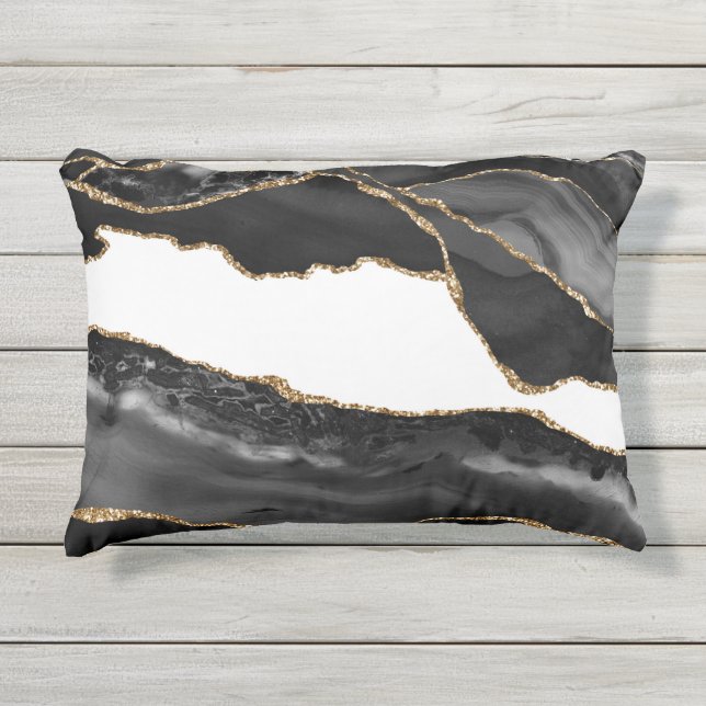 Imitate Marbled Agate Black Stylish Stone Luxury Kissen Für Draußen (Vorderseite)