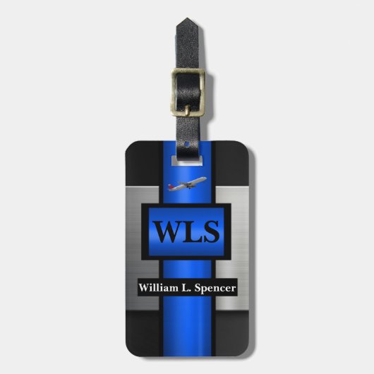 Imitate Metal Blue Black Gray Monogram Gepäckanhänger (Vorderseite vertikal)